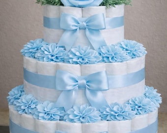 Gender Reveal Diaper Cake | 3-Tier Satin Flower Baby Shower Centerpiece