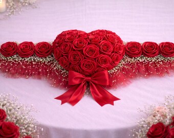 Handmade Heart Floral Centerpiece – Satin Rose, Tulle & Pearl Wedding Decor