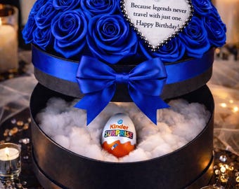 Royal Blue Satin Rose Gift Box – Handmade Flower Box with Kinder Surprise – 25 cm Luxury Birthday Gift – Unique Royal Blue Rose Arrangement