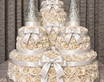 Handmade Satin Rose Castle Cake Gift – 4 Tier Floral Display – Custom Colors Available – 24x20 Inches