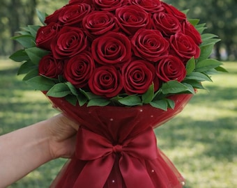 Handmade Satin Rose Bouquet – Eternal Floral Arrangement with Tulle Bow (55 cm)