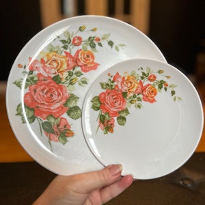 Vintage set (2) Dorchester Cyanamid Plates Floral Theme Pink Rose Dinner Plate Dessert Plate Pink Roses