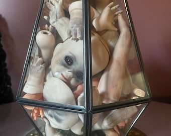 Doll Parts Terrarium Lamp - porcelain dolls celluloid dolls creepy spooky oddity Halloween gothic decor OOAK