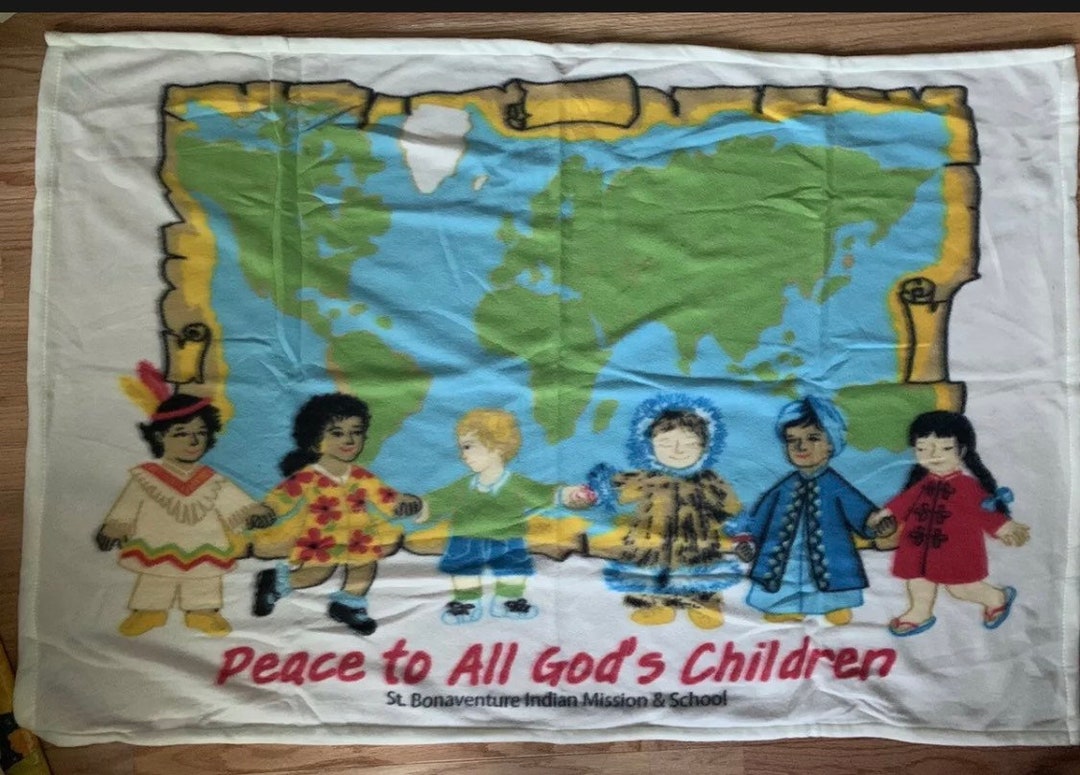 1980s St. Bonaventure Indian Mission & School Fleece Throw Blanket 34 X