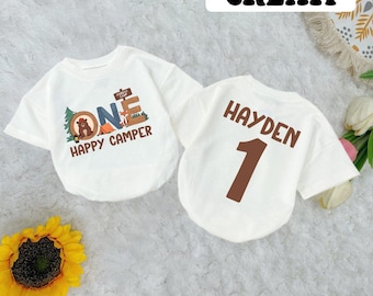 Personalized One Happy Camper Baby Romper Short Sleeves, First Birthday Romper, Camping Adventure Bodysuit, Camping Birthday Gift