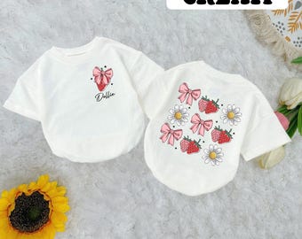 Custom Strawberry Bow Baby Romper Short Sleeves, Summer Strawberry Baby Bodysuit, Botanical Garden Baby Romper, Newborn Outfit