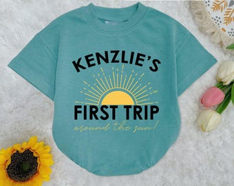 Personalized First Trip Around The Sun Baby Romper Short Sleeves, 1St Birthday Bodysuit, Sun First Birthday Romper, Custom Birthday Gift