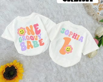 Personalized One Groovy Babe Romper Short Sleeves, Hippie Birthday Bodysuit, First Birthday Romper, Newborn Outfit
