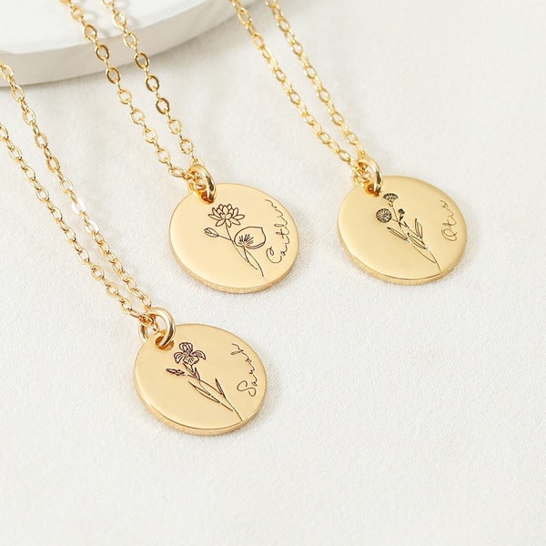 Custom Disc Necklace Gold,Personalized Birth Flower Pendant,Birth Flower Jewelry Gift For Women,Mother Gifts For Her,Handmade Jewelry