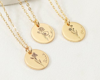 Custom Disc Necklace Gold,Personalized Birth Flower Pendant,Birth Flower Jewelry Gift For Women,Mother Gifts For Her,Handmade Jewelry