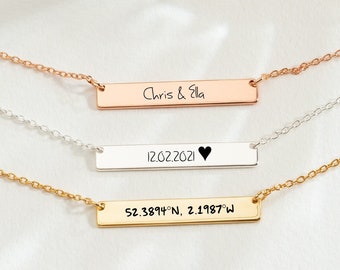 Personalized Bar Necklace,Custom Engraved Name Necklace,Name Necklace,Date Necklace,Coordinates Necklace,Bridesmaids Gift,Personalized Gift