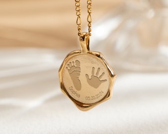 Actual Baby Footprint Necklace With Name,New Mom Gift,Newborn Gift,Baby Handprint Necklace,Mother's Day Gift,Engraved Baby Necklace