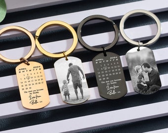Custom Photo Keychain for Dad,Personalized Engraved Calendar Date Picture Keyring,Anniversary Gifts for Him,Fathers Day Gift,Daddy Gift