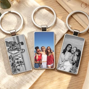 Puede incluir: Tres llaveros rectangulares de metal con anillas plateadas. Los llaveros de la izquierda y la derecha presentan fotografías en blanco y negro de grupos de personas. El llavero central muestra una fotografía en color de tres personas.