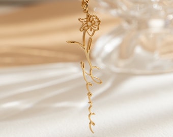 Collana personalizzata con fiori di nascita con nome, gioielli con nome in oro personalizzati per le donne, collana in argento, collana di gioielli, regali per la festa della mamma