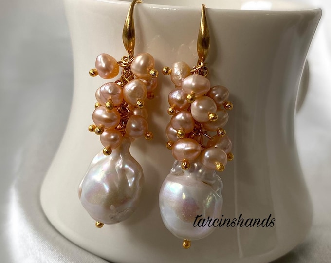 Baroque Pearl and Pink Freshwater Pearl Gold Filled Earrings, Cluster Pearl Earrings, Statement Pearl Earrings, Real Big Pearl Earrings