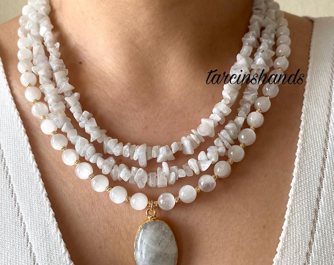 Multistrand Moonstone and Selenite Gold Necklace, White Gemstone Necklace , Beaded Selenite Statement Necklace , Gift For Women