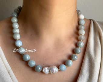 Aquamarine Baroque Pearl Gold Plated Necklace , Natural Blue Gemstone Necklace
