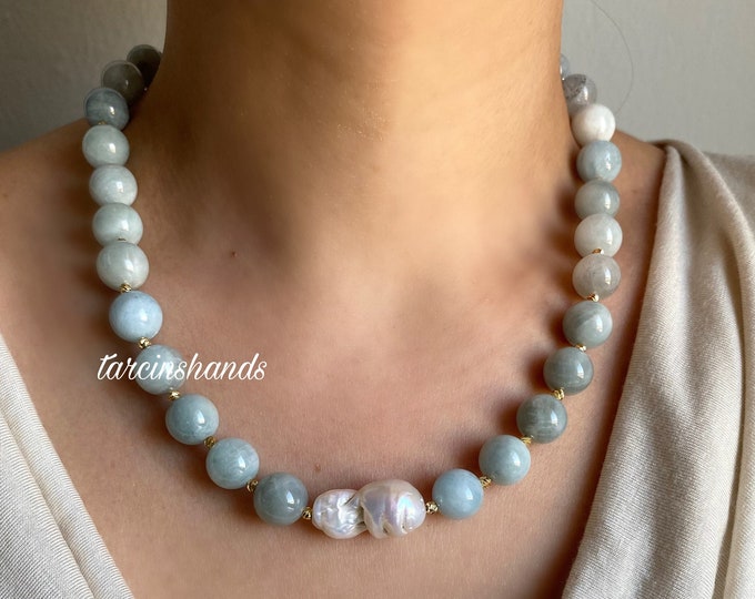 Aquamarine Baroque Pearl Gold Plated Necklace , Natural Blue Gemstone Necklace