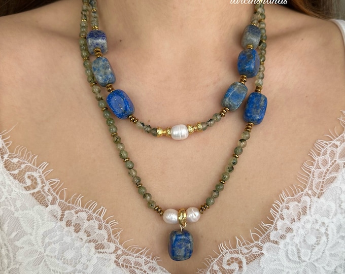Lapis lazuli and prehnite multistrand necklace , multistrand beaded necklace , lapis lazuli necklace , natural stone necklace chunky jewelry