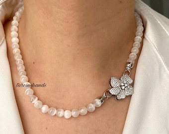 Selenite Flower Clasp Necklace: Silver Plated Gemstone Jewelry