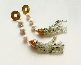Prehnite and pearl earrings , natural stone earrings , crystal healing , dainty statement earrings , handmade gemstone earrings , gift ideas