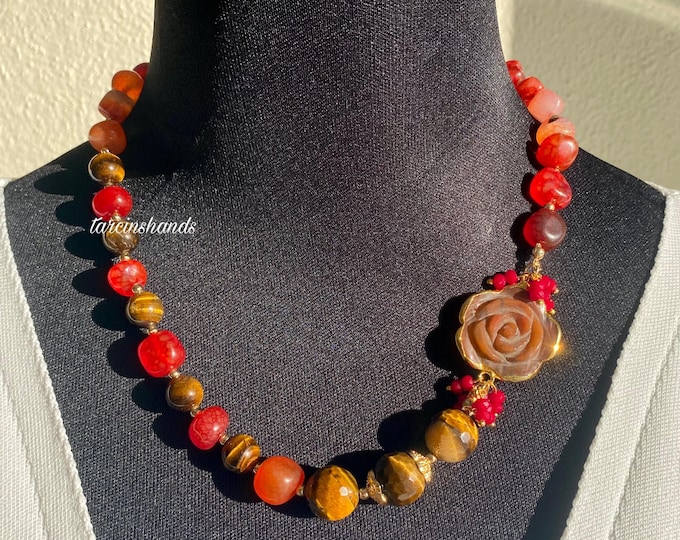 Elegant Tiger's Eye and Agate Gold Filled Necklace,Statement Brown and Red Gemstone Necklace,Unique Gemstone Necklace Foe Women