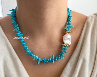 Blue Coral Baroque Pearl Gold Filled Necklace , Coral and Pearl Necklace , Gold Filled Bamboo Coral Necklace