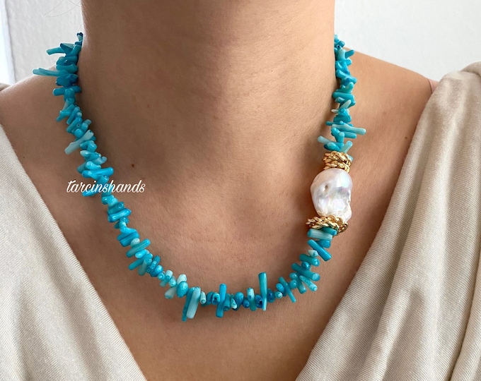 Blue Coral Baroque Pearl Gold Filled Necklace , Coral and Pearl Necklace , Gold Filled Bamboo Coral Necklace