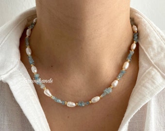 Aquamarine Pearl Necklace: Gold Filled Beaded Gemstone Jewelry