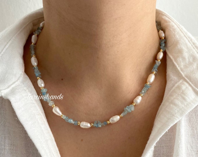 Aquamarine Pearl Necklace , Natural Aquamarine Freshwater Pearl Gold Filled Necklace , Minimalist Aquamarine Beaded Necklace