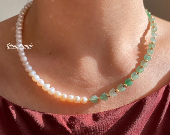 Heart Aventurine Pearl Gold Necklace , Half Gemstone Half Real Pearl Necklace , Minimalist Semi Precious Stone Necklace , Pearl and Gemstone