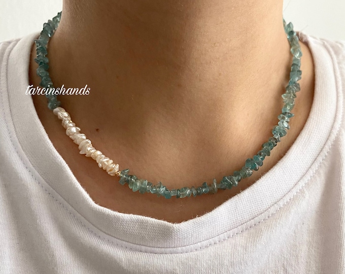 Apatite Natural Tiny Pearl Gold Necklace , Natural Apatite Side Freshwater Pearl Necklace , Christmas Gift , Dainty Gemstone Necklace