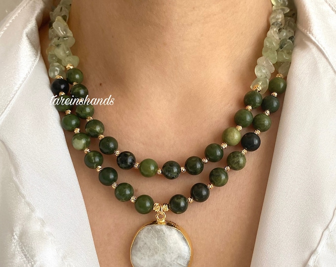 Multistrand Prehnite and Jade Gold Necklace eith Moonstone Pendant, Statement Gemstone Necklace , Green Gemstone Necklace , Gift For Women