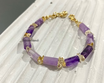 Pulsera de amatista y citrino, pulsera de amatista sólida de oro, brazalete de piedra natural, pulsera con cuentas de amatista, pulsera de piedra preciosa única