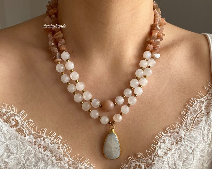 Sun and Moonstones Multistrand 2 Layered Necklace - Crystal Healing Statement Piece