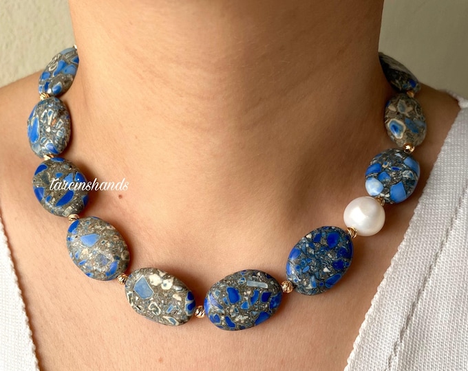 Lapis Lazuli Necklace , Lapis Lazuli and Pearl Gold Necklace , Chunky Navy Blue Semi Precious Stone Necklace , Beaded Lapis Lazuli Necklace