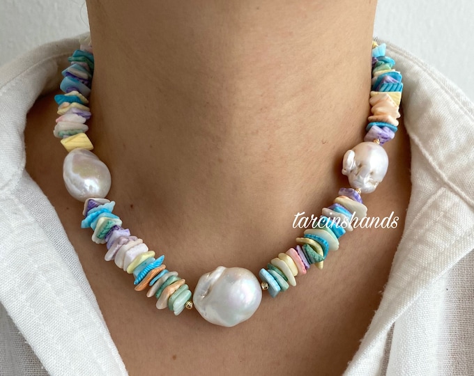 Irregular Pastel Shell Beads Baroque Pearls Gold Filled Necklace , 3 Pearl Necklace , Pearl Shell Necklace , Gift For Her