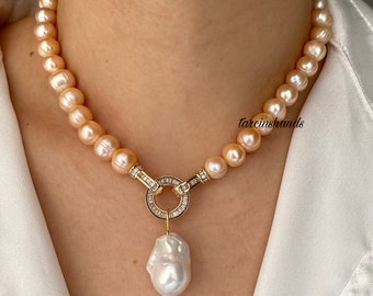 Real Pink Salmon Freshwater Pearl Gold Interlocking Clasp Necklace with Big Real Baroque Pearl Pendant , Statement Natural Pearl Necklace