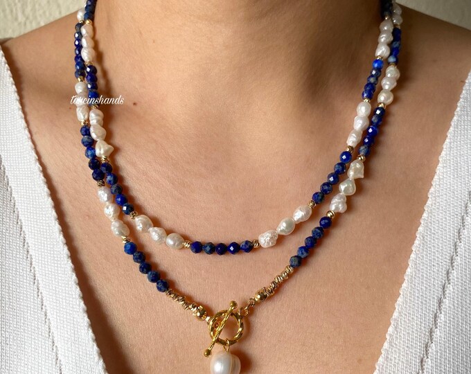 Multistrand Lapis Lazuli and Freshwater Pearl Gold Toggle Necklace, Minimalist Navy Blue Precious Stone Pearl Necklace, Tiny Lapis Lazuli