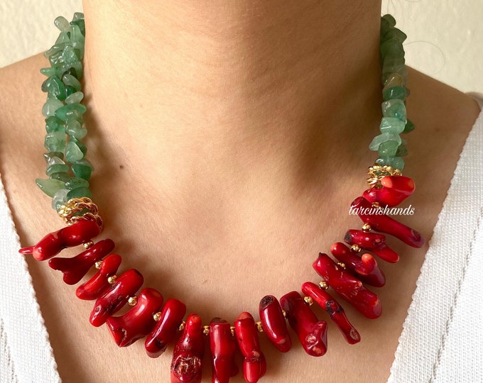 Red Coral and Aventurine Gold Necklace , Chunky Natural Red Branch Coral Necklace, Semi Precious Stone Necklace , Statement Necklace