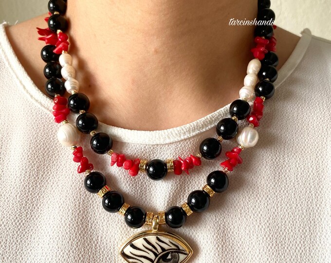 Multistrand Onyx Red Coral and Pearl Gold Necklace with Ceramic Eye Pendant , Bohemian Semi Precious Stone Necklace , Layered Coral Necklace