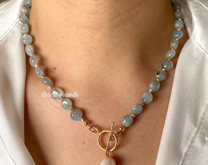 Aquamarine Gold Toggle Necklace with Pearl Pendant,Blue Semi Precious Stone Necklace,Natural Aquamarine Beaded Necklace, Gift For Women