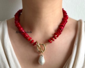 Red Coral with Baroque Pearl Gold Toggle T-Bar Necklace Pendant- Chunky Anniversary Gift, Gift for Her - Gift for Girlfriend