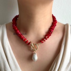 Red Coral Baroque Pearl Necklace: Gold Toggle T-Bar Clasp