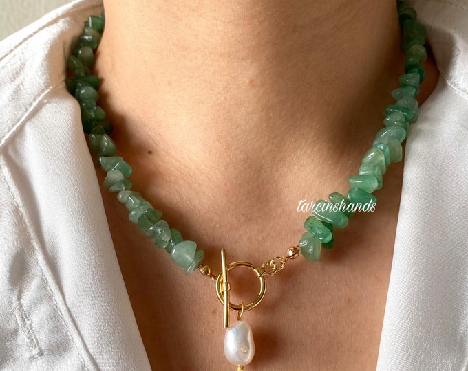 Aventurine Gold Filled Toggle Necklace with Freshwater Pearl Pendant, Natural Aventurine One Pearl Necklace with T bar Clasp, Green Gemstone