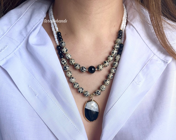 Black Agate & Dalmatian Jasper Necklace - Multistrand Beaded Gemstone, Chic Black and White Statement Jewelry, Perfect Gift