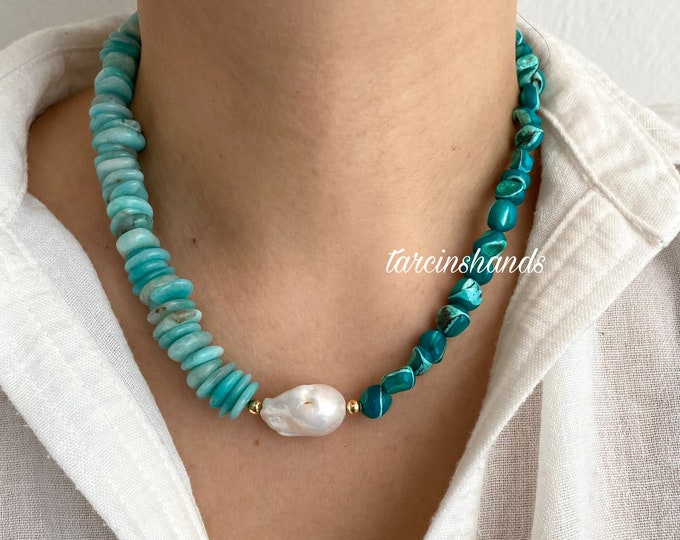 Amazonite and Blue Mother Of Pearl One Baroque Pearl Half-Half Gold Necklace , Blue Gemstone Necklace , Gift For Her