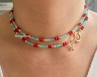 Red Coral Amazonite Necklace: Gold-Plated Starfish Charm, Bohemian Choker