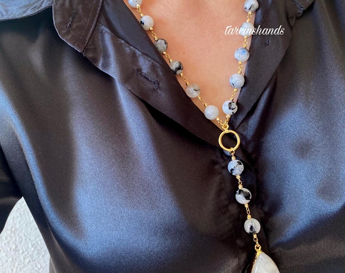 Moonstone Necklace, 24k Gold Plated Wire Wrapped Moonstone Bead Necklace,Statement Semi Precious Stone Necklace For Women, Gift Idea